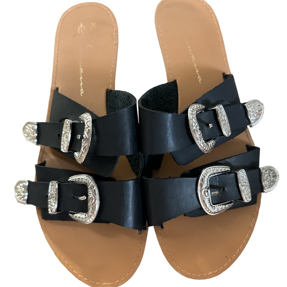 Vintage Havana Black Double-Buckle Slide Sandals with Silver Hardware